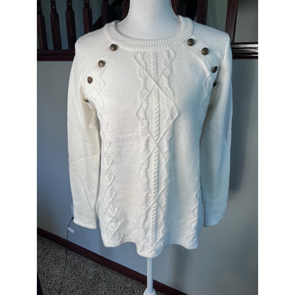 Retrod Women Cream White Cable Knit Button Shoulder Sweater Medium 68S1276SF